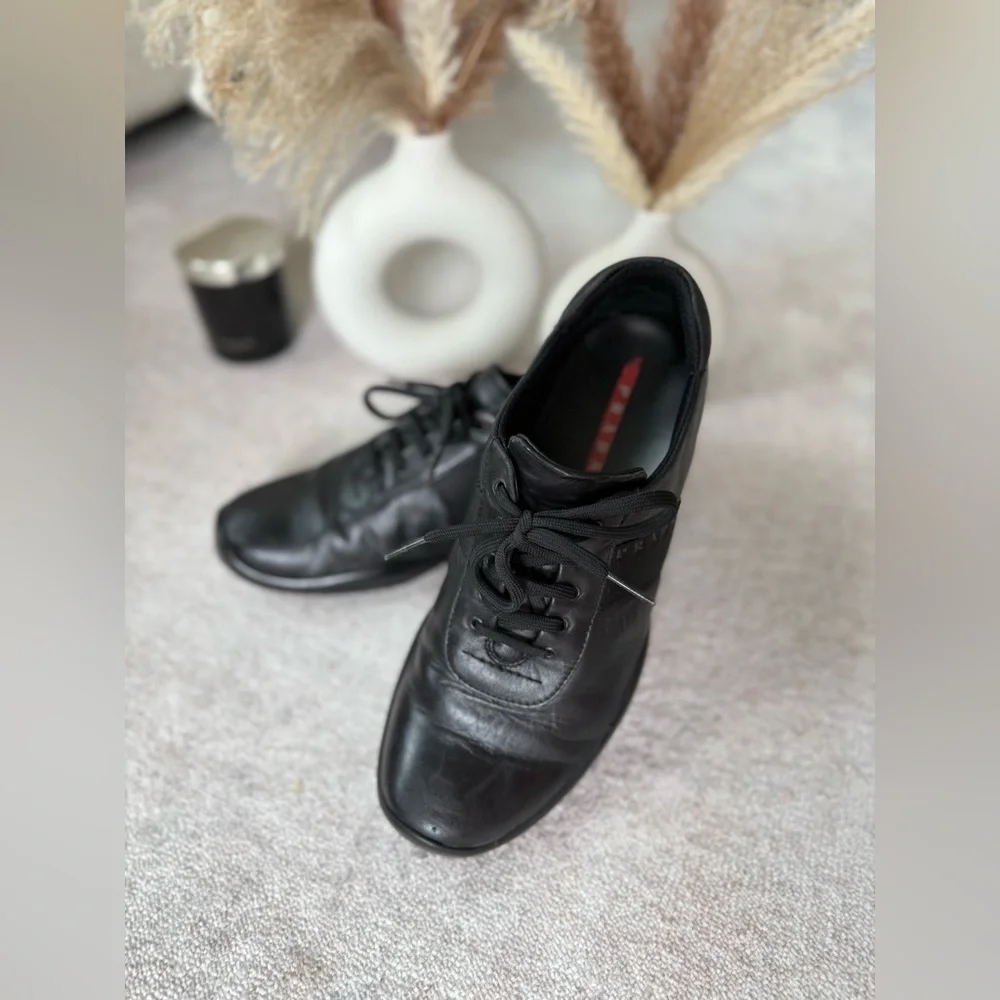 Prada Men’s Leather Sneakers (Black – Linea Rossa) - Picture 2 of 13